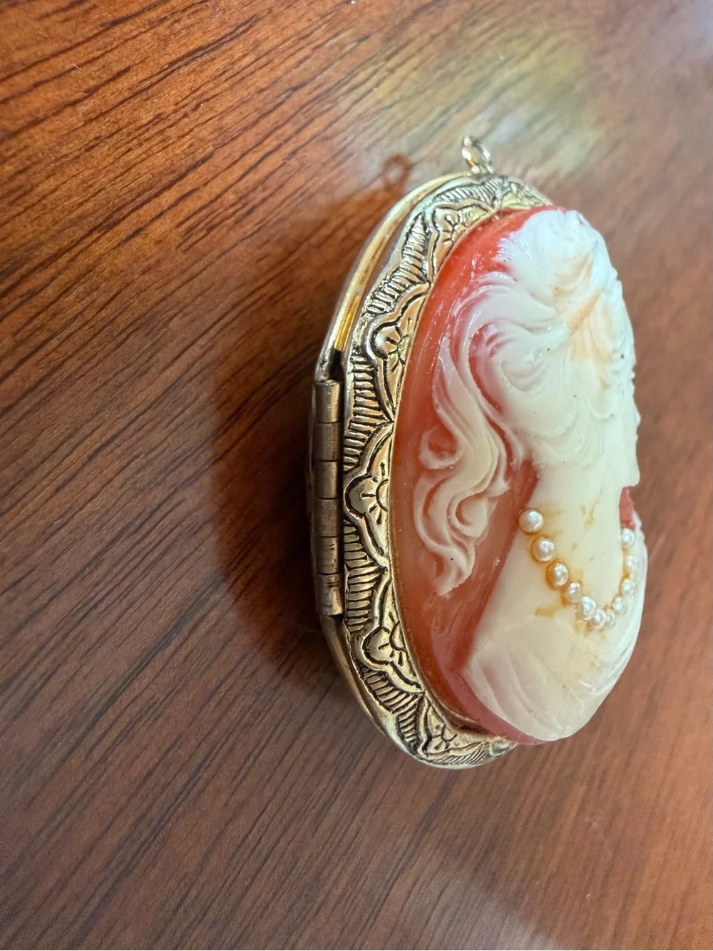 Vintage Locket Coral and Ivory Cameo Pendant Necklace